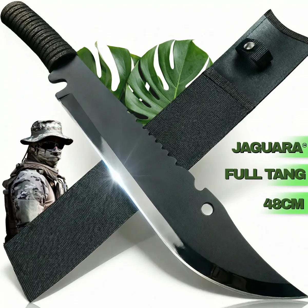 Facão Tático Militar Full Tang Serrilhado 48cm Com Bainha Camping Caça Pesca Mato Floresta Trabalho Com Abridor De Garrafa Perfeito Para Presente Peixeira Super Afiado Bruto Roça F