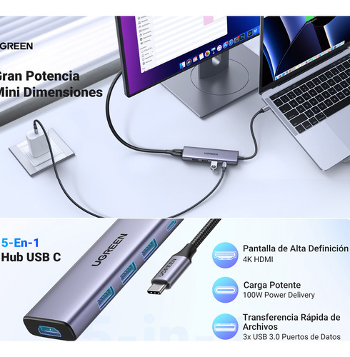 Ugreen 15596 Hub Usb-c 5 En 1 Para 3* Usb 3.0 + Hdmi 4k @30