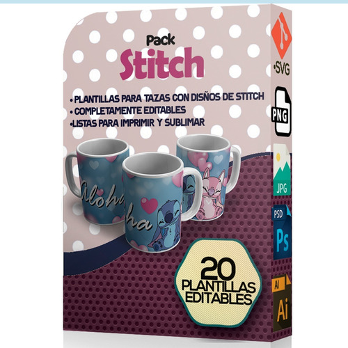 20 Plantillas Sublimar Tazas Stitch Editable