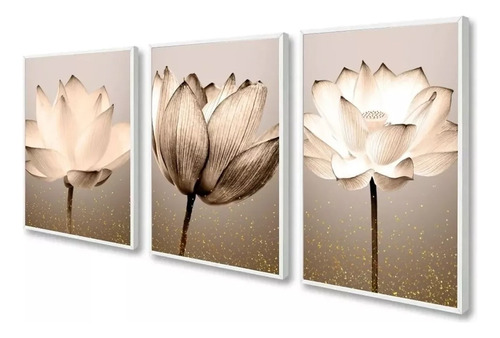 Quadro Decorativo Flores Bege Luxo Dourado Quarto Sala 60x80