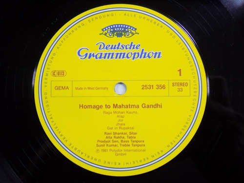 Ravi Shankar Homage To Mahatma Gandhi Vinilo Alemania 1981 (Usado)