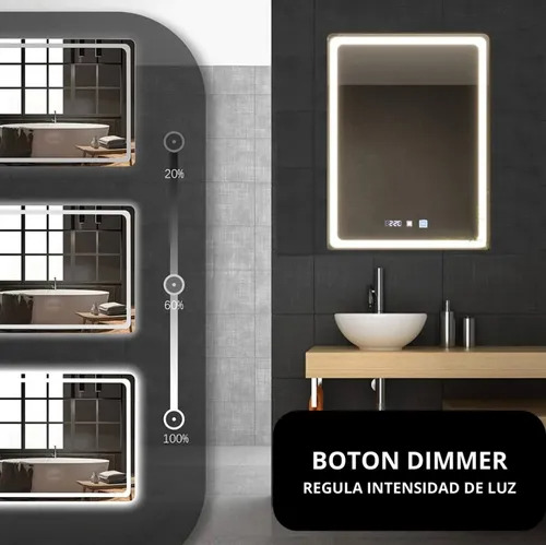 Espejo Rectangular Touch 50x70 Antifog+dimmer+3 Luces Led Sin Marco