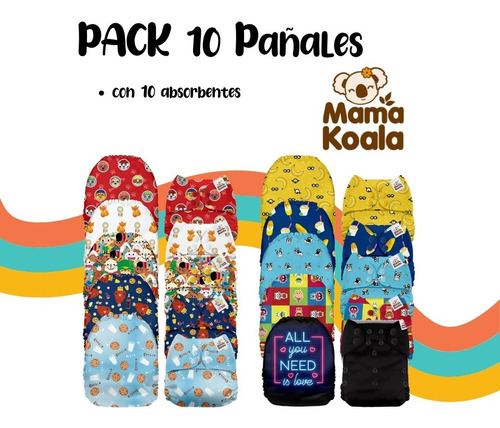 Pack 10 Pañales Ecologicos D Tela Mamá Koala Con Absorbentes