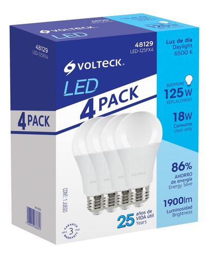 Pack De 4 Lámparas De Led A19 18 W Luz De Día, Caja, Volteck