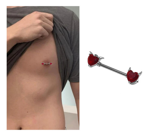 Piercing Nipple Aro Pezon Con Corazon Rojo Diablito Y Angel Color Strass Rojo