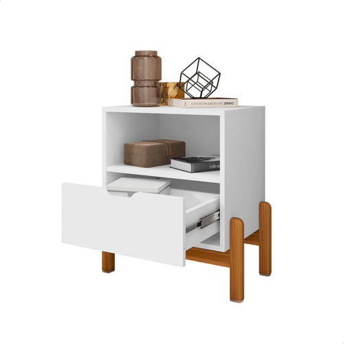 Mesa De Cabeceira Para Quarto Com Pés De Madeira E 1 Gaveta Acabamento Brilhante Cor Branco