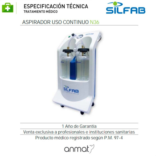 Imagen 2 de 6 de Aspirador Quirúrgico Uso Continuo Silfab 10 Litros N36-a