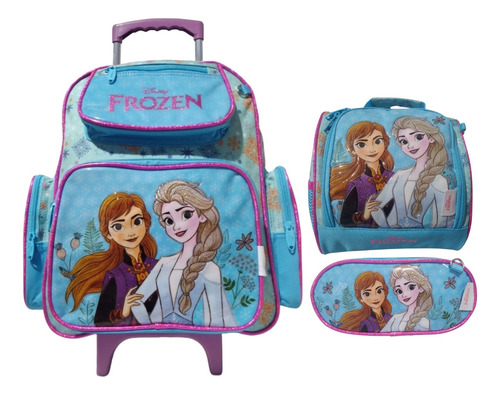 Mochila De Carrinho Lancheira Estojo Chenson Frozen Cor Azul Desenho Do Tecido Lisa
