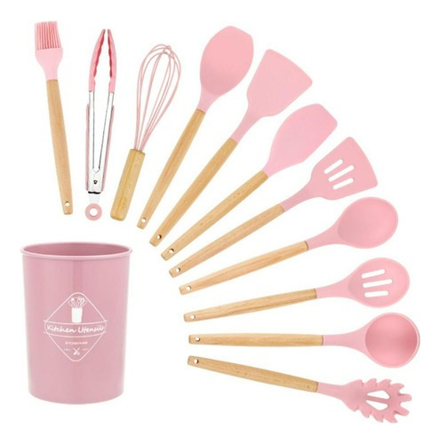 Kit 12 Utensílios Cozinha Em Silicone Rosa E Cabo De Madeira