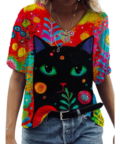 Camiseta Con Cuello En V De Gatos Coloridos Degradados