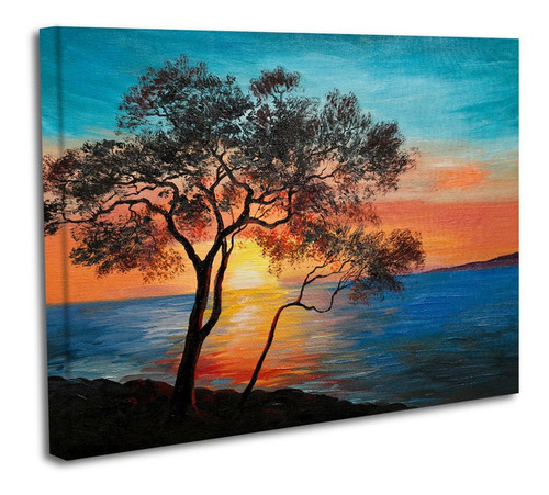 Cuadro Lienzo Canvas 45x60cm Arbol Mar Atardecer Tipo Oleo