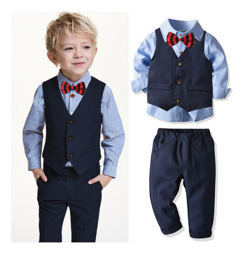 Chaleco De Traje Vestir Formal Niños Estilo Británico Rayas .