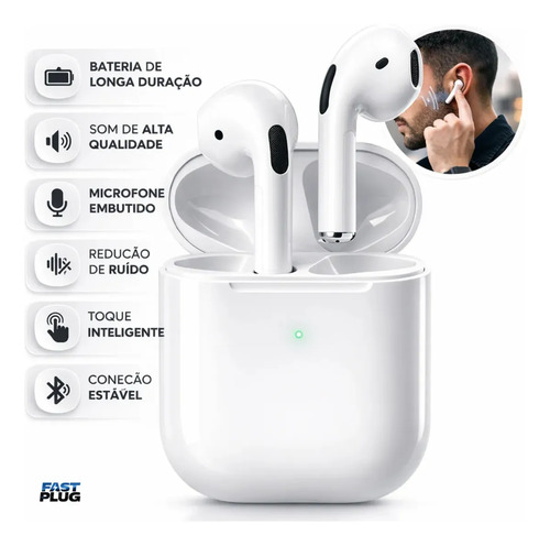 Fone De Ouvido Bluetooth Sem Fio Bateria de Longa Duração Pro 4 Branco Conecta Rápido Fast Plug