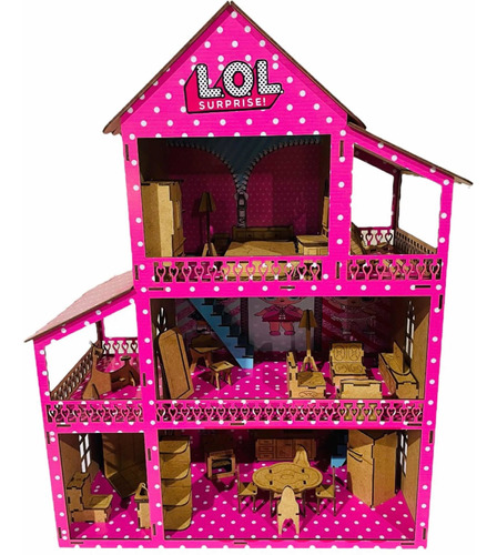 Casinha De Boneca Polly Mdf Pintada C/ Kit 37 Móveis+brinde