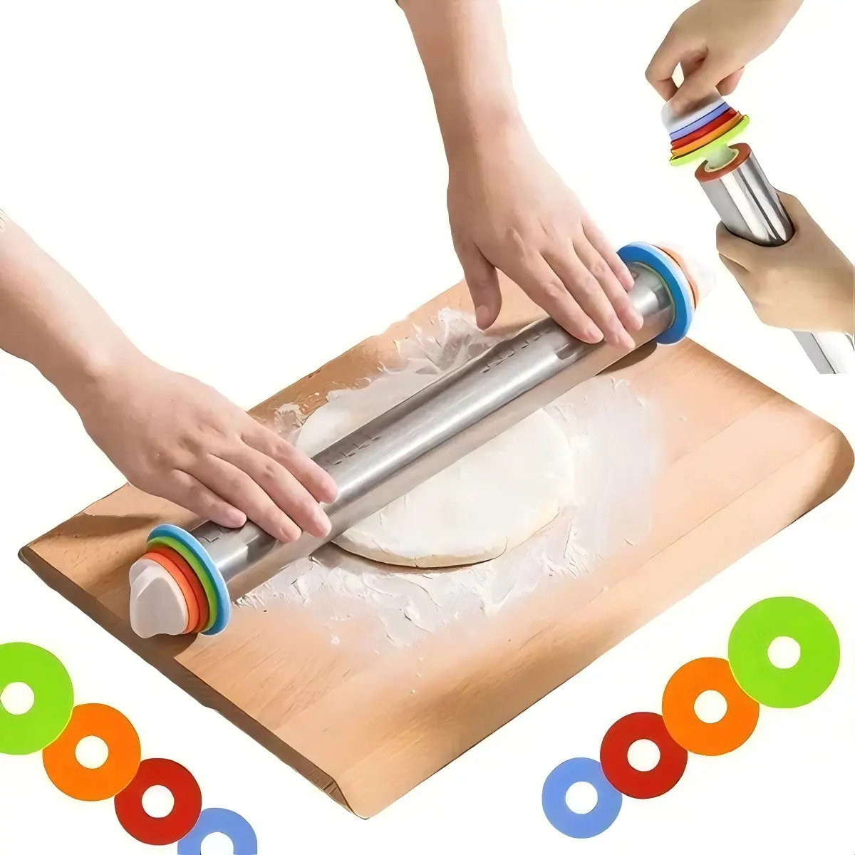 Rodillo Repostería Acero Inoxidable Plateado Grosor Ajustable Superficie Antiadherente Para Masa Pizza Galleta Fondant Pan Pastelería Cocina Hogar Horneado Repostería Profesional
