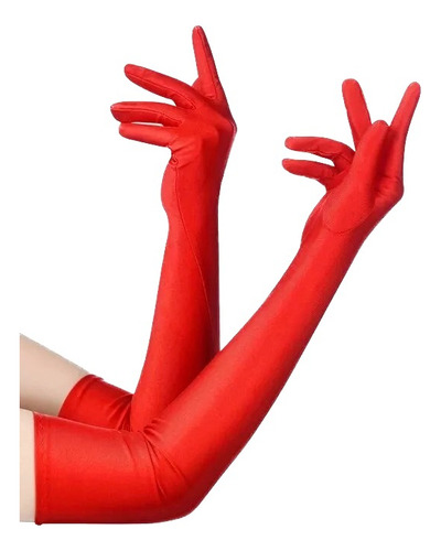 Par Guantes Largos Rojos Para Mujer Tela Satinada 44cm Largo Rojo