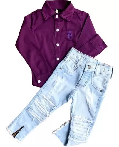 Calça Branca com Camisa Jeans Escura Longa Infantil - Lojinha da