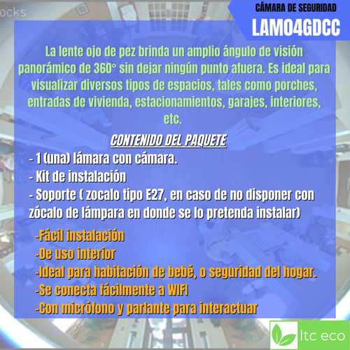 Imagen 3 de 10 de Camara Foco Led Wifi Hd 360° Espia Visión Nocturna Con Audio