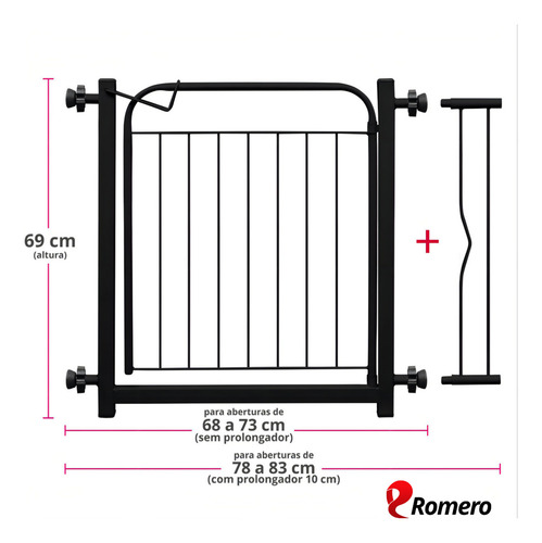 Portão Pet Grade Segurança Cães Bebês Largo 69 A 84cm C/ Extensor 10cm Preto Romero