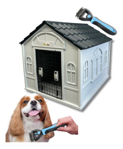 Casa Para Perros 98x84x82 Termica + Cepillo Deslanador Combo Azul