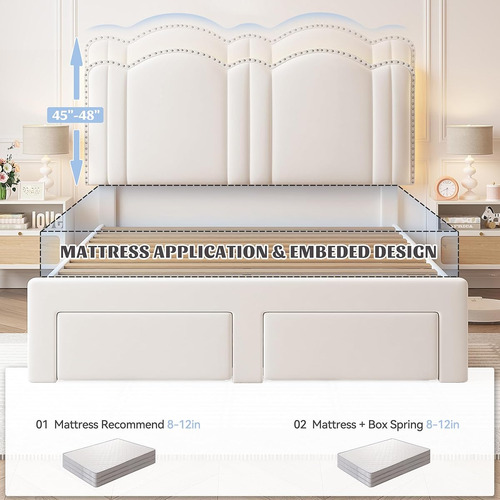 Base De Cama C/cajones Y Luces Led Enhomee Matrimonial Crema