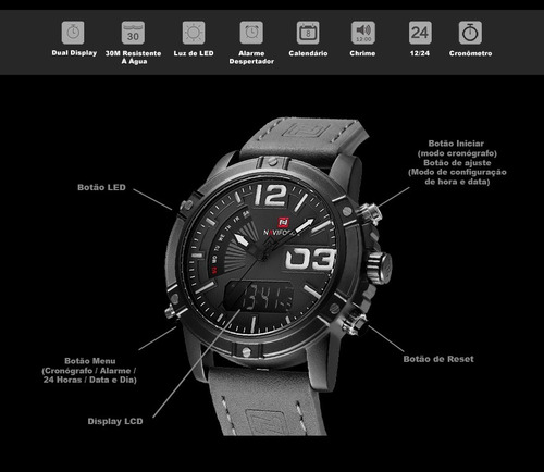 Relógio Masculino Naviforce Esportivo Militar Couro Original