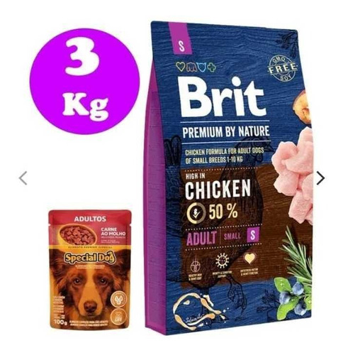 Brit Premium Adulto S Raza Pequeña 50% Pollo 3kg + Regalo