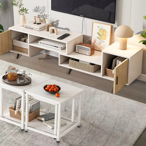 Mueble De Tv Madera 140-190 Cm Moderno Minimalista Ajustable Blanco