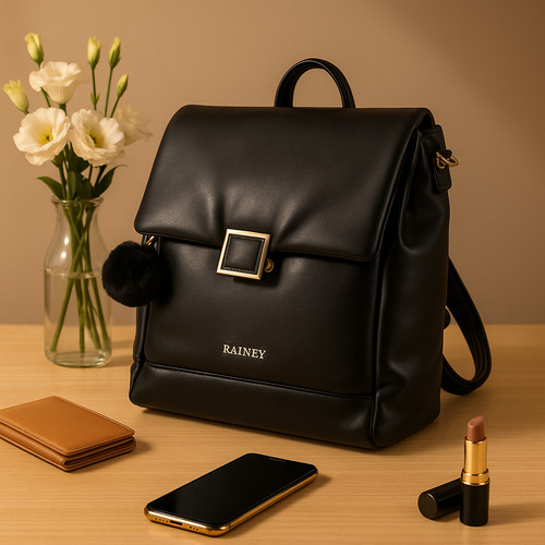 Bolsa Hombro Negra Tipo Mochila Para Dama Rainey Negro Lisa Níquel Negro