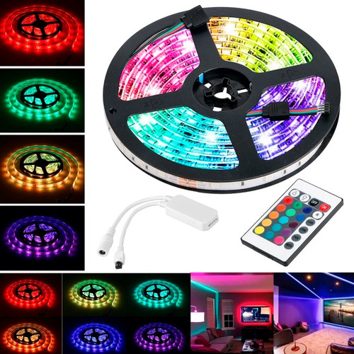 Imagen 2 de 3 de Tira Luz Led Kit Luces Rgb 3528 Colores 5 Mts Kit Con Fuente