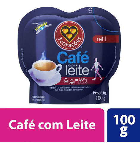 Cápsula Café Com Leite Solúvel Em Pó Refil 100g 3 Corações