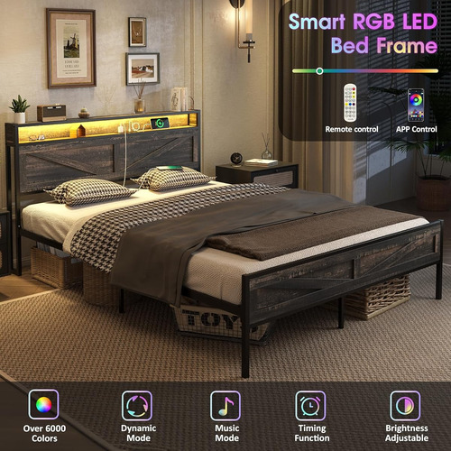 Base De Cama Matrimonial Halitaa Con Luz Led Roble Oscuro