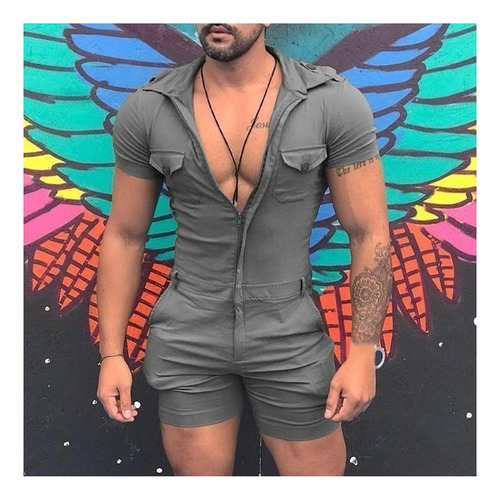 Mono Masculino Con Cremallera, Mangas Cortas Y Bolsillos