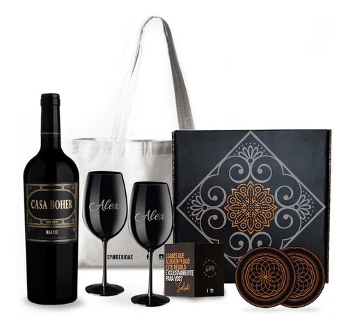 Box Set Vino Casa Boher Malbec 2 Copas Negras Grabadas Kit