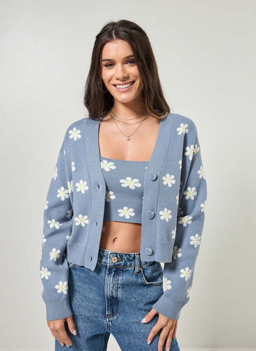 Cardigan Tricô Jacquard Azul Com Margaridas