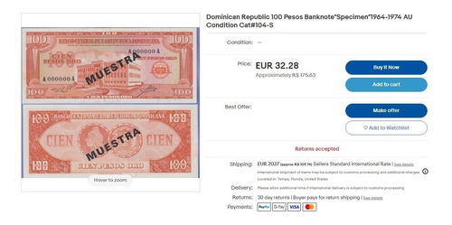 Bn8219 Rep. Dominicana 1965 100 Pesos Ouro Specimen Rara