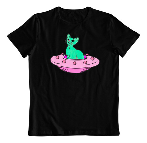 Polera Negra Dtf Algodon Gato Nave Espacial Extraterrestre 