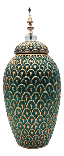 Florero Jarron Ceramica Verde Dorado Diseño Arabe Alargado