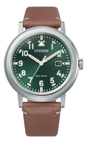 Citizen Militar Eco Drive Aw1620-13x Fotos Reales Malla Marrón Bisel Acero Cepillado Fondo Verde