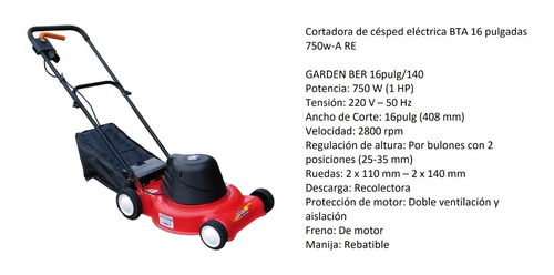 Imagen 2 de 3 de Cortadora De Césped Eléctrica Bta 16 Pulgadas 750w Con Bolsa