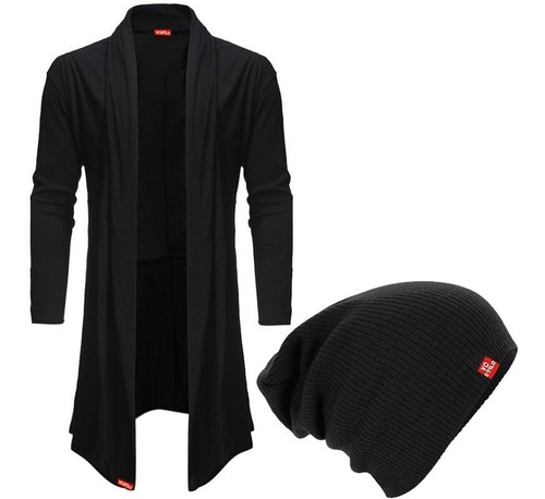 Kit Blusa De Frio Cardigan Masculino Preto B22 + Touca Beani