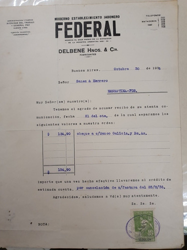 Jabon Federal Antiguo Recibo De 1936 Con Sello Fiscal