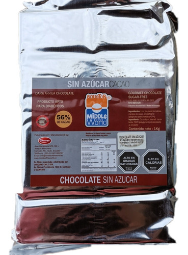 Barra De Chocolate Sin Azúcar 56% Cacao 1 Kilo