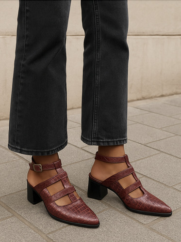Stiletto Cuero Vacuno Croco Taco Mujer Hebilla Valentino