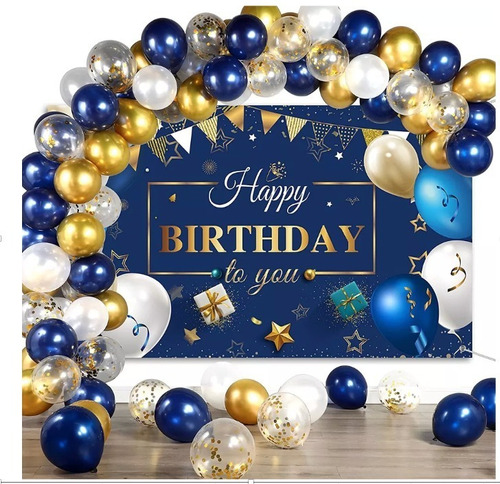 Arco Globos Azules Dorados Cromados Fiestas Kit Cumpleaños
