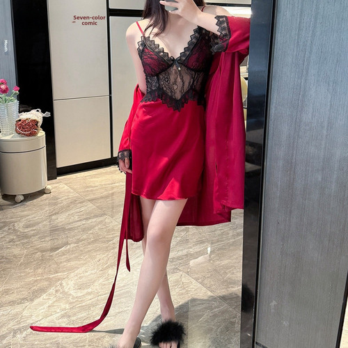 Conjunto De Pijamas De Seda Con Ribete De Encaje Para Mujer