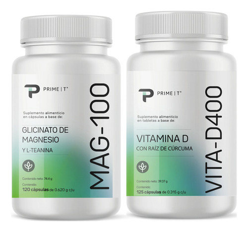 Magnesio Mag-100 Y Vitamina D Vita-d400 Combo Primetech Sabor Sin Sabor