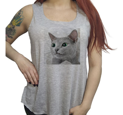 Musculosa Acampanada Gato Azul Ruso Ojos Verdes Tierno