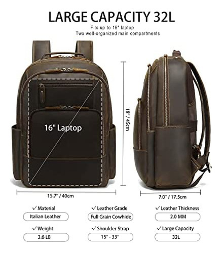 Taertii Mochila De Cuero Genuino De Grano Completo Para Homb