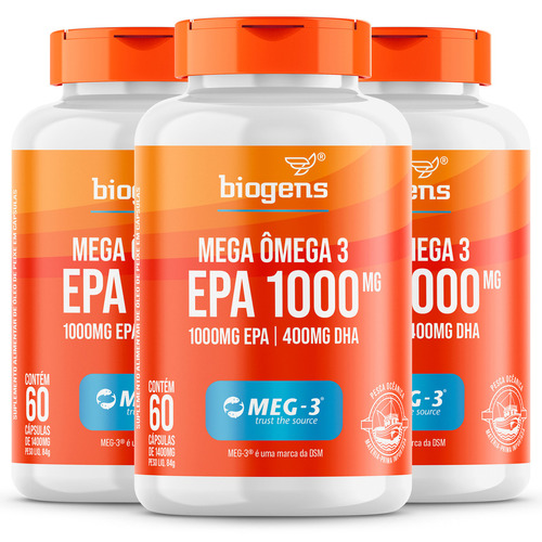 Mega Omega 3 Meg-3,epa1000mg Dha400mg, Kit3x 60 Cps, Biogens Sabor Neutro
